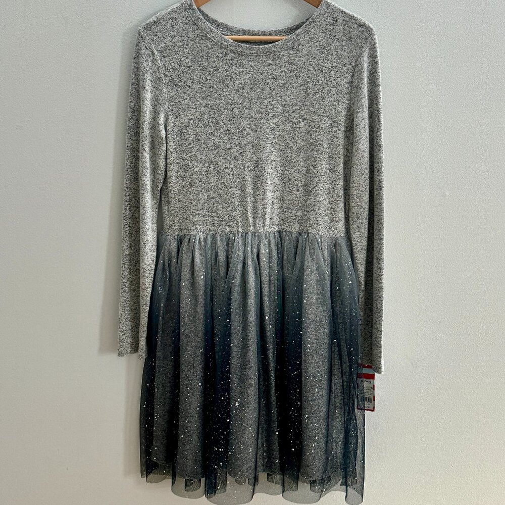 Cat & Jack Girls Long Sleeve Dress with Sparkly Tulle Skirt - Gray - Size XL NWT